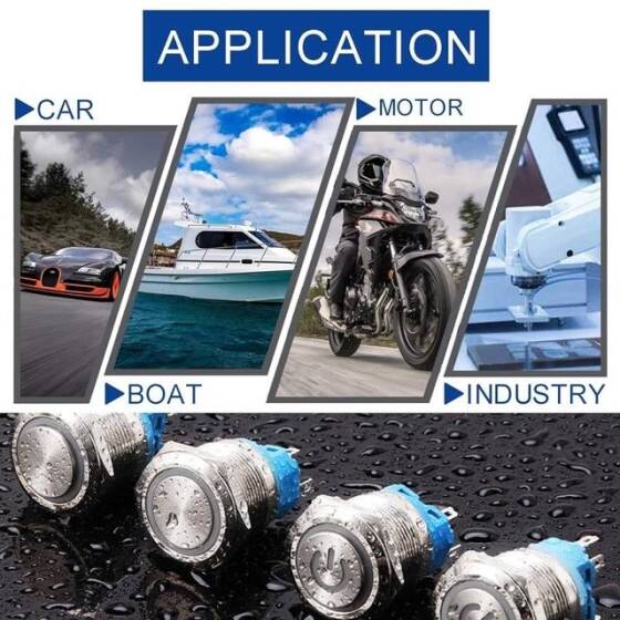 Flat Head 19mm 12-24V Waterproof Self-Locking Metal Push Button Switch With Blue Led Light And Switch Socket Button Connector - 3