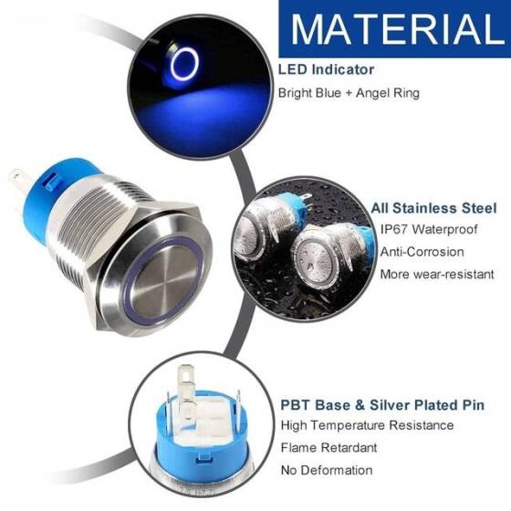Flat Head 19mm 12-24V Waterproof Self-Locking Metal Push Button Switch With Blue Led Light And Switch Socket Button Connector - 4