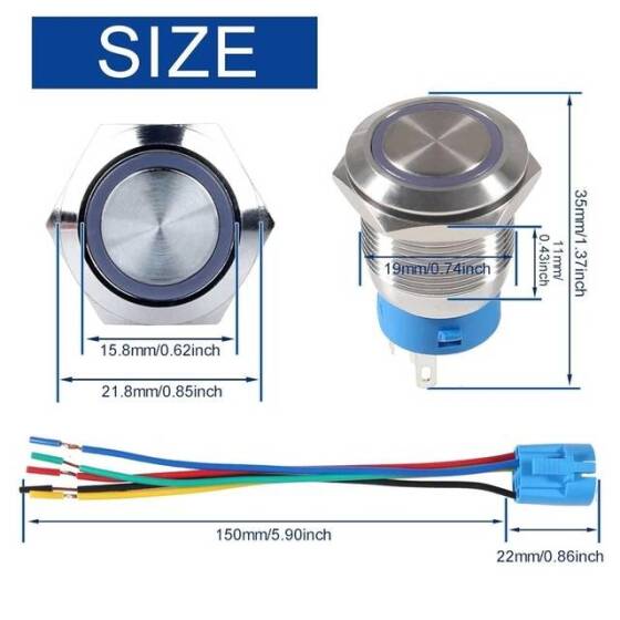 Flat Head 19mm 12-24V Waterproof Self-Locking Metal Push Button Switch With Blue Led Light And Switch Socket Button Connector - 5