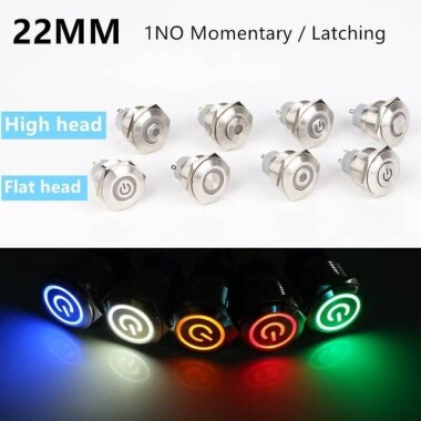 Flat Head 22mm 12-24V Waterproof Momentary Self-Resert Metal Push Button Switch With Red Led Light - 2
