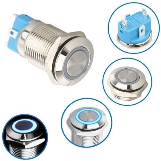 High Head 12mm 12-24V Waterproof Momentary Self-Reset Metal Push Button Switch With Blue Led Light And Switch Socket Button Connector - 4
