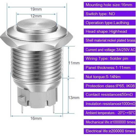 High Head 16mm Waterproof Self-Locking Metal Push Button Switch Without Light - 3