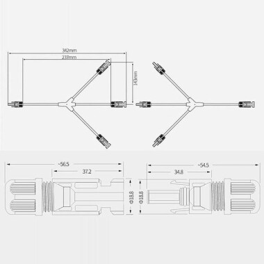 IP67 MC4-Y4 Solar Panels Cable Socket Plug Connector - 1 Pair 3 Branch Y Type - 4