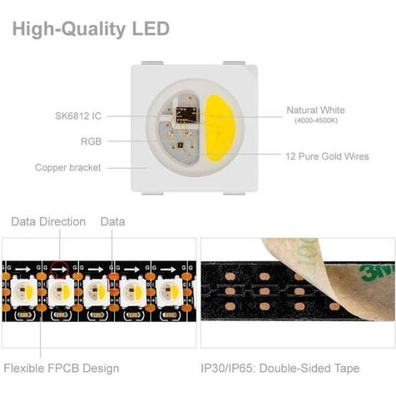 Non-Waterproof 5V SK6812 RGBNW 5050 White Flexible 1M SMD LED Strip 144 LED/Meter IP30 - 4