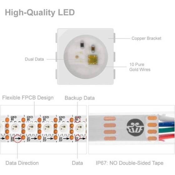 Non-Waterproof 5V WS2813B RGB5050 White Flexible 1M SMD LED Strip 144 LED/Meter IP30 - 3