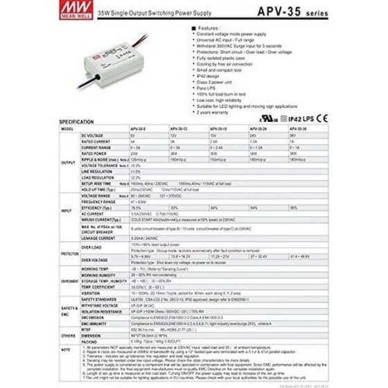Original Taiwan MEAN WELL APV-35-12 Waterproof Power Supply - 5