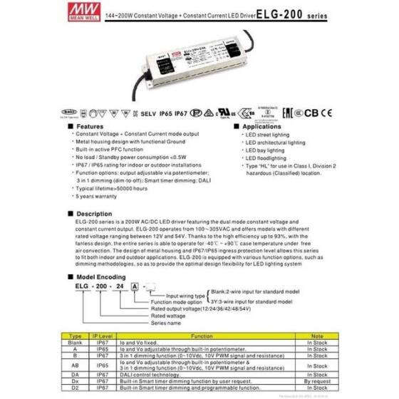 Original Taiwan MEAN WELL ELG-200-48A-3Y Waterproof Power Supply - 2