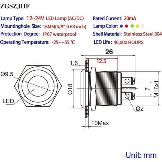 Red 10-24V 16mm LED Metal Indicator Light - 3