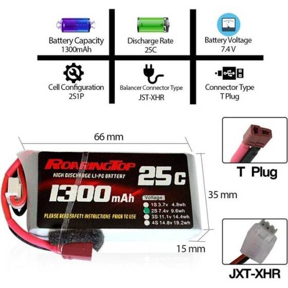 RED 1300MAH 2S 7.4V 25C High Power High Quality Model Airplane LIPO Battery T Female - 2
