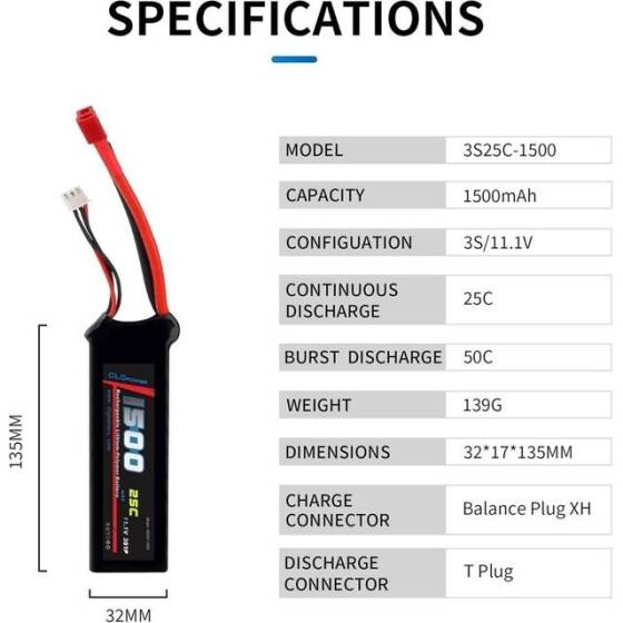 RED 1500MAH 3S 11.1V 25C High Power High Quality Model Airplane LIPO Battery XT60 Female - 2