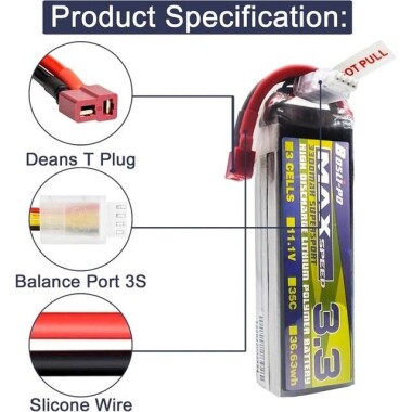 RED 3300MAH 3S 11.1V 25C High Power High Quality Model Airplane LIPO Battery JST Female - 3