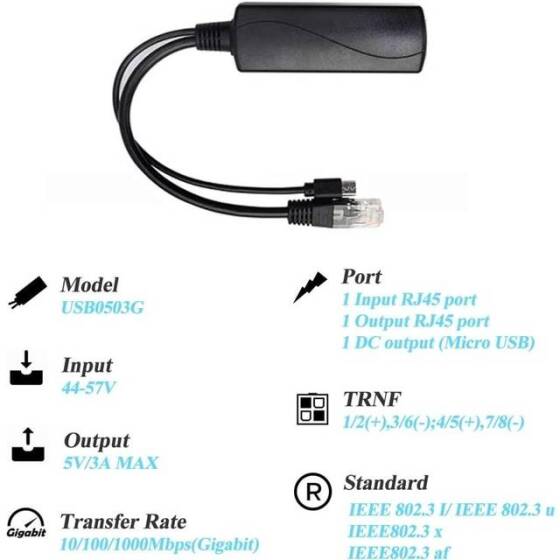 SDAPO Mirco USB 100M PoE Splitter 48V To 5V 3A - 4