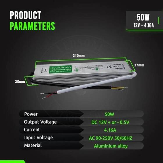 Silver Waterproof Power Supply 50W 12V 4.16A - 3