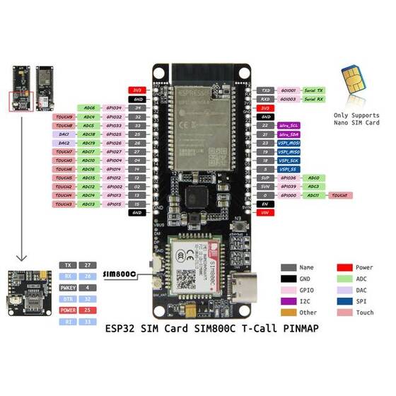 Unsoldered TTGO T-Call&SIM800C-DS V02 ESP32 WIFI Bluetooth Nano Card Slot SIM800C Module Development Board Hardware - 3