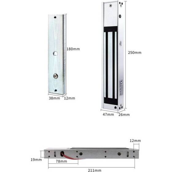 Waterproof 250KG DC12V/500-600MA Two-Wire Magnetic Lock Left Outlet Without Feedback - 2