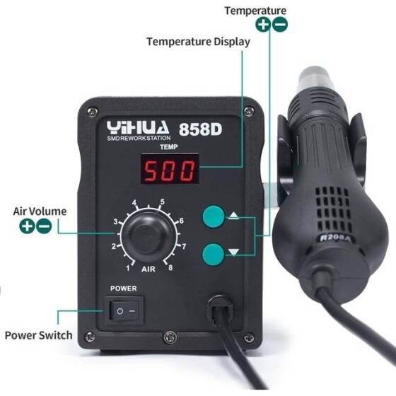 YIHUA858D Adjustable Constant Temperature Hot Air Station Anti-Static Hot Air Gun UK Plug - 3