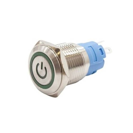 16A-P1-EC 16mm Flat Spring Illuminated Power Metal Button - Green - 1