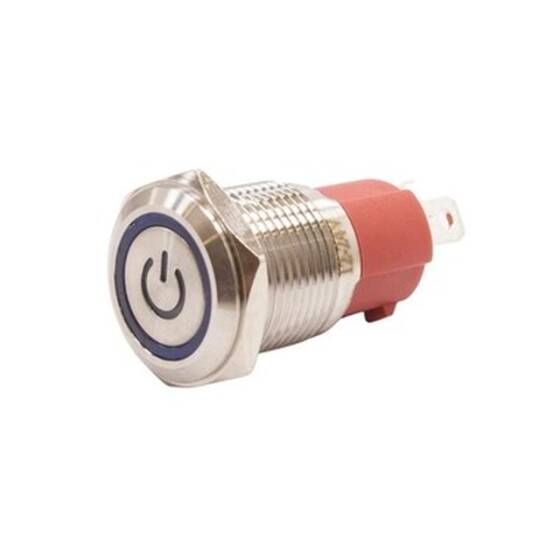 16D-P1-EC 16mm Flat Spring Illuminated Power Metal Button - Blue - 1