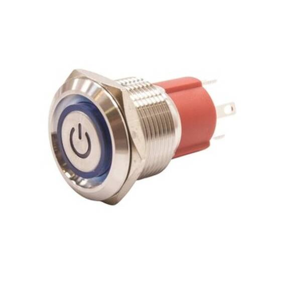 19D-P1-EC 19mm Flat Spring Illuminated Power Metal Button - Blue - 1