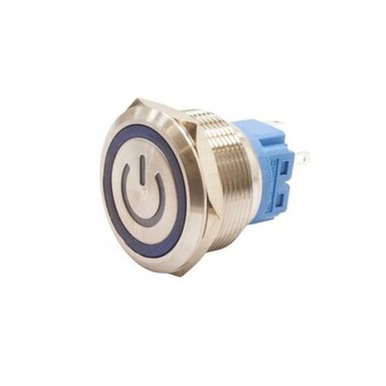 25B-P1-EC 25mm Flat Spring Illuminated Power Metal Button - Blue - 1