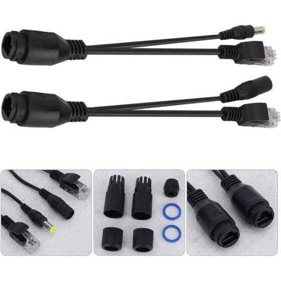 1 Pair Black 12V NonstAndard POE Waterproof Splitter Adapter Cable RJ45 DC5.5x2.1 - 5