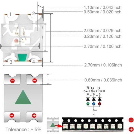 1206 (3227) SMD LED Red+Blue - 2