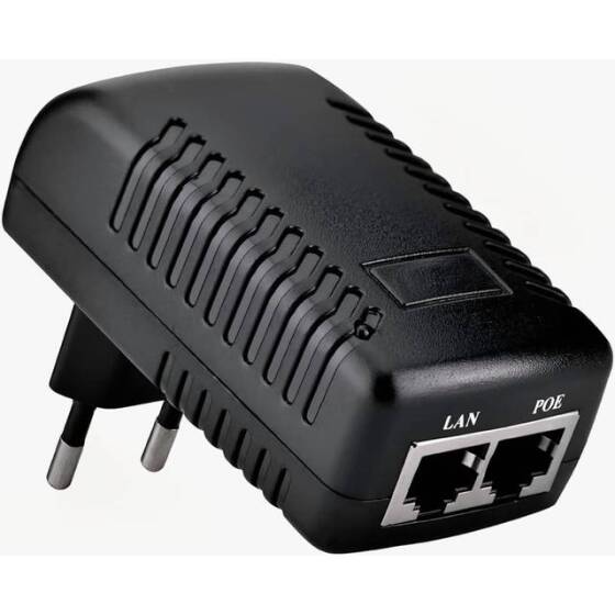 15V 1A 100M PoE Injector EU Plug - Silver Network Port - 2