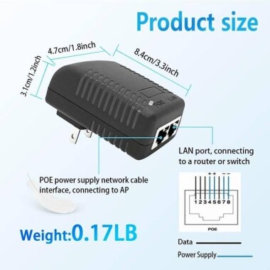 15V 1A 100M PoE Injector US Plug - Silver Network Port - 2