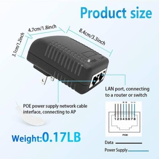 15V 1A 100M PoE Injector US Plug - Silver Network Port - 2