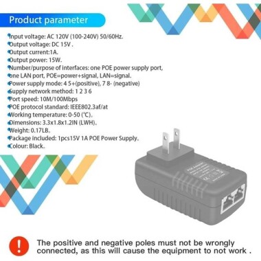 15V 1A 100M PoE Injector US Plug - Silver Network Port - 5