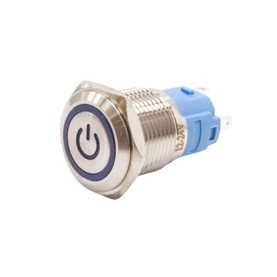 16A-P1Z-EC 16mm Flat Key Illuminated Power Metal Button - Blue - 1