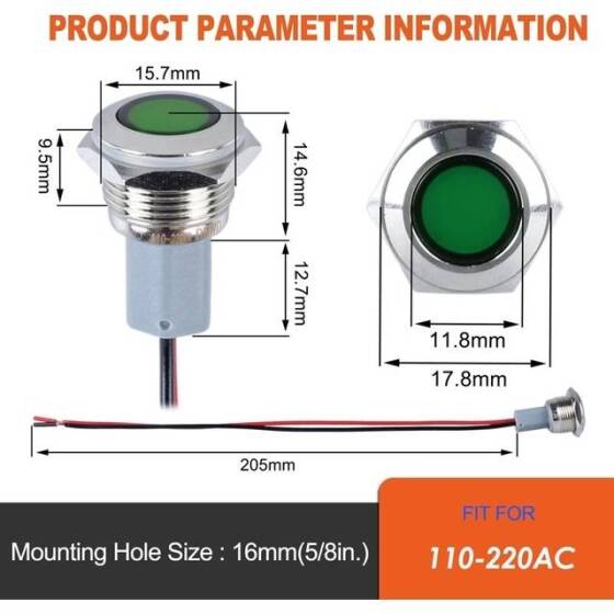 22-28V 8mm Green LED Indicator Light With 20cm Cable - 2