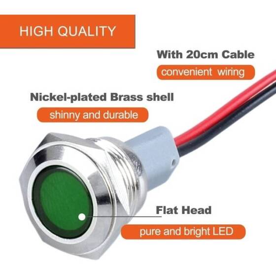 22-28V 8mm Green LED Indicator Light With 20cm Cable - 3