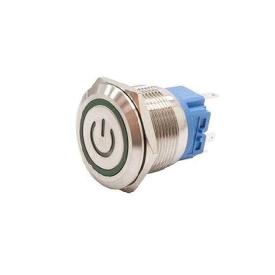 22B-P1Z-EC 22mm Flat Key Illuminated Power Metal Button - Green - 1