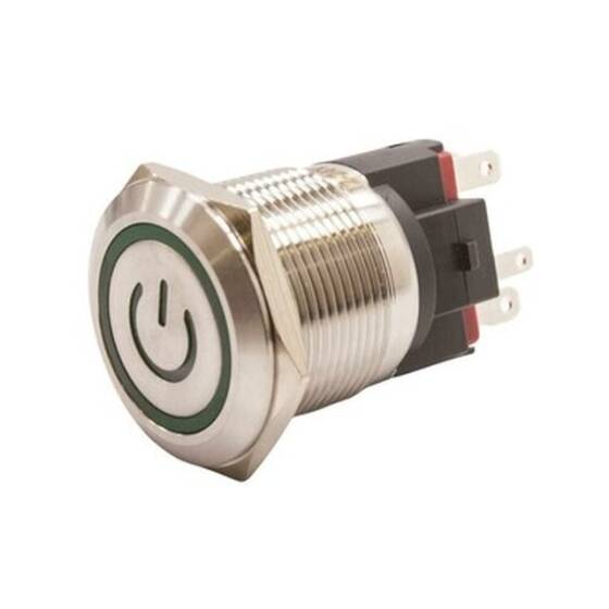 22E-P1Z-EC 22mm Flat Key Illuminated Power Metal Button - Green - 1