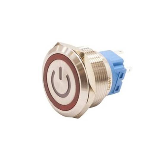 25B-P1-EC 25mm Flat Spring Illuminated Power Metal Button - Red - 1