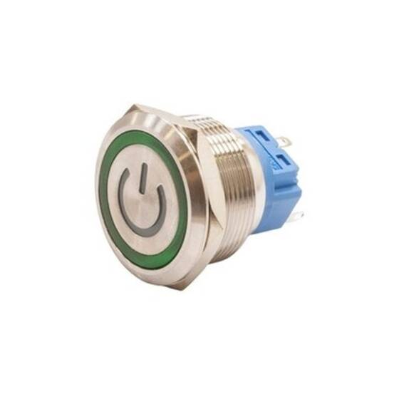 25B-P1Z-EC 25mm Flat Key Illuminated Power Metal Button - Green - 1