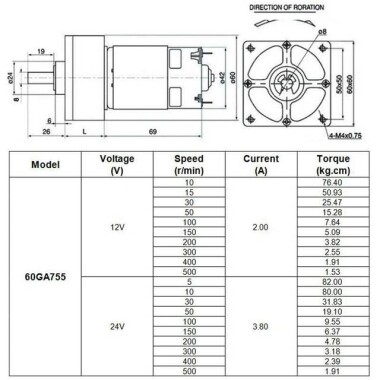 60GA775 DC12V 100RPM DC Reduction Motor - 3