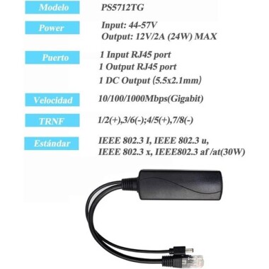 Black Gigabit PoE Separator 48V To 12V 2A - 5