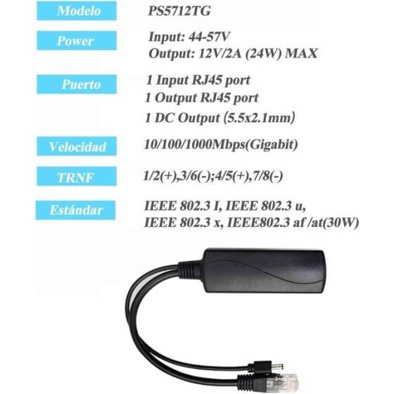 Black Gigabit PoE Separator 48V To 12V 2A - 5