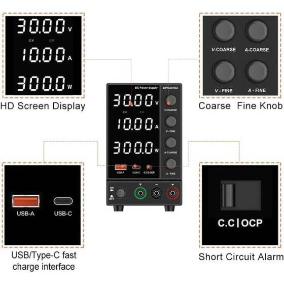 Black WPS3010H 30V 10A DC Adjustable RegulaTor Power Supply With Cable 220V EU Plug - 3