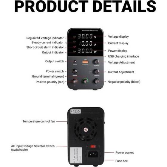 Black WPS3010H 30V 10A DC Adjustable RegulaTor Power Supply With Cable 110V US Plug - 3
