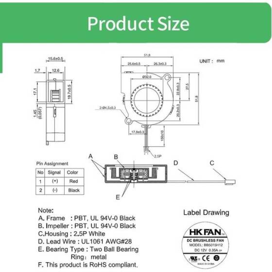 DC12V 5015 Double Ball Cooling Fan With XH2-54-2P 30cm Cable Size:50x50x15mm - 4