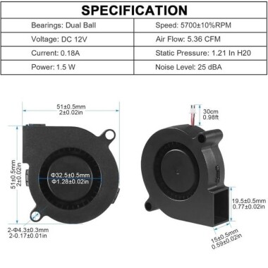 DC5V 0.06A 5015 Double Ball Centrifugal Fan With XH2-54-2P 30cm Cable Size:50x50x15mm - 2