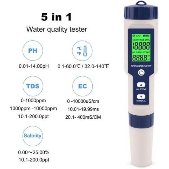 EZ-9909 5 in 1 EC/ TDS/ PH/ TEMP/ SALY Water Quality Tester With Backlight With Battery - 3