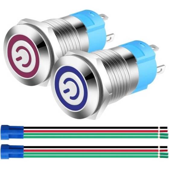 Flat Head 12mm 12-24V Waterproof Self-Locking Metal Push Button Switch With White Led Light And Switch Socket Button Connector - 1
