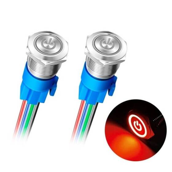 Flat Head 16mm 12-24V Waterproof Self-Locking Metal Push Button Switch With White Led Light And Switch Socket Button Connector - 1
