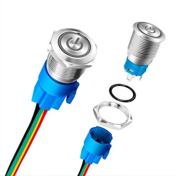 Flat Head 16mm 12-24V Waterproof Self-Locking Metal Push Button Switch With White Led Light And Switch Socket Button Connector - 2