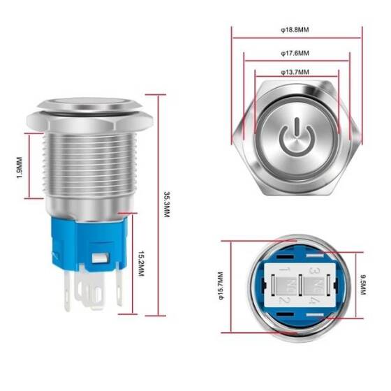 Flat Head 16mm 12-24V Waterproof Self-Locking Metal Push Button Switch With White Led Light And Switch Socket Button Connector - 3