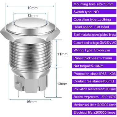 Flat Head 16mm 3-6V 5A Waterproof Self-Locking Metal Push Button Switch With White Led Light - 3
